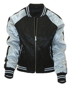 Miss London Womans Juniors Satin Quilted Varsity Bomber Ladies Flight Jacket WZipper Sleeve Pocket