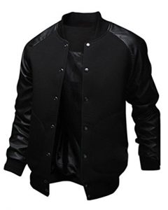 Sorrica Mens Fashion Splicing Leather Sleeve Baseball Varsity Bomber Jacket