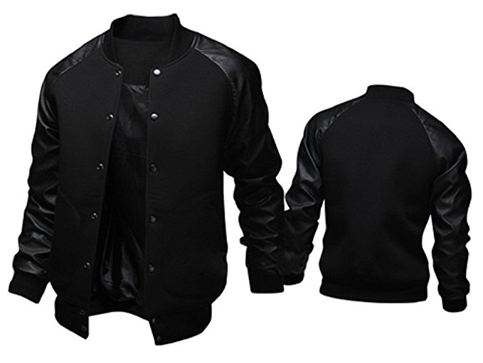 Sorrica Mens Fashion Splicing Leather Sleeve Baseball Varsity Bomber Jacket