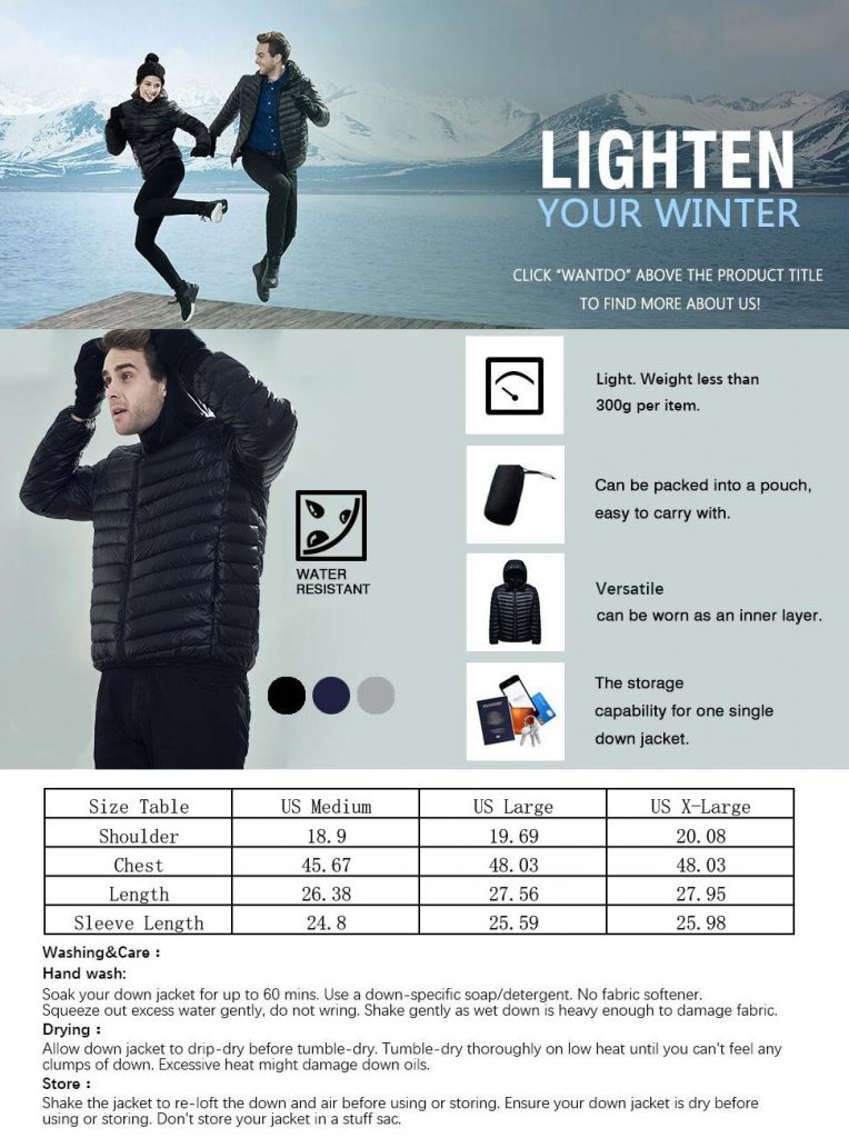 Wantdo Men's Hooded Packable Light Weight Down Jacket