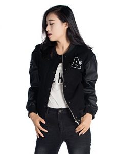 Women's Basic Bomber Jacket Baseball Coat with Faux Leather Sleeves