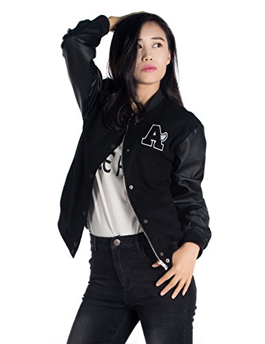 Women's Basic Bomber Jacket Baseball Coat with Faux Leather Sleeves
