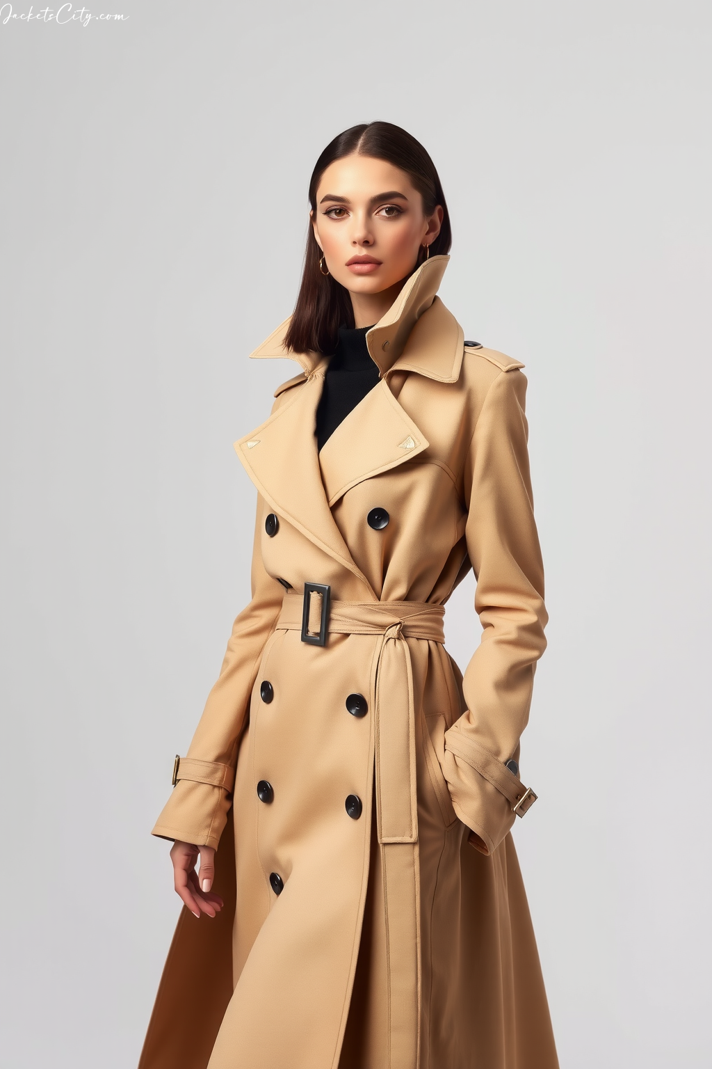 Elegant Beige Trench Coat – High Collar Style for Women