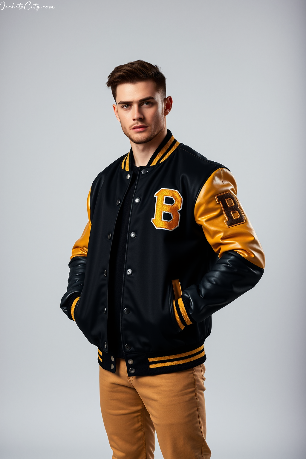 Black and Gold Varsity Jacket with Embroidered Patches