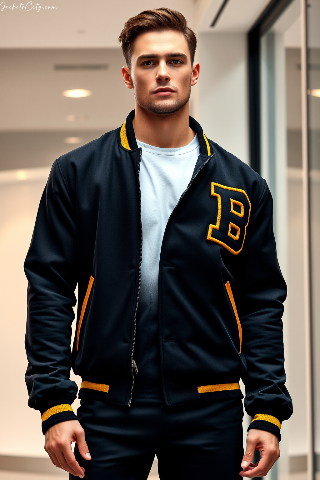 Black and Gold Varsity Jacket with Contrast Leather Sleeves