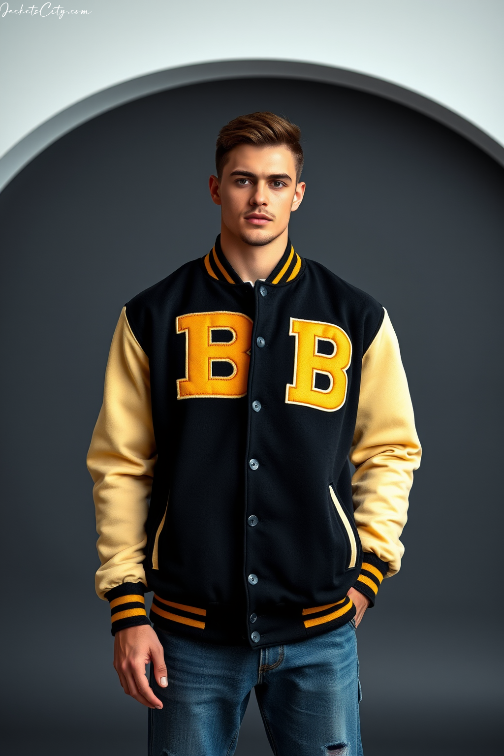 Black and Gold Varsity Letterman Jacket - Vintage Style