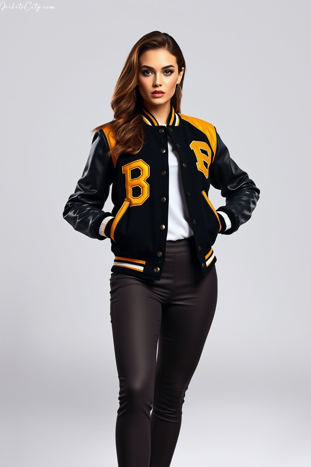 Women's Black Gold Letterman Jacket - Premium Leather Sleeves