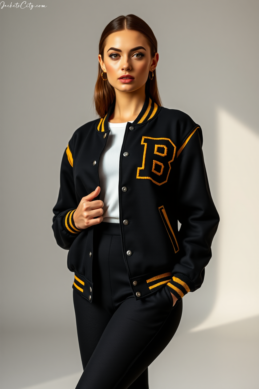 Black Gold Women's Varsity Jacket - Authentic Melton Wool