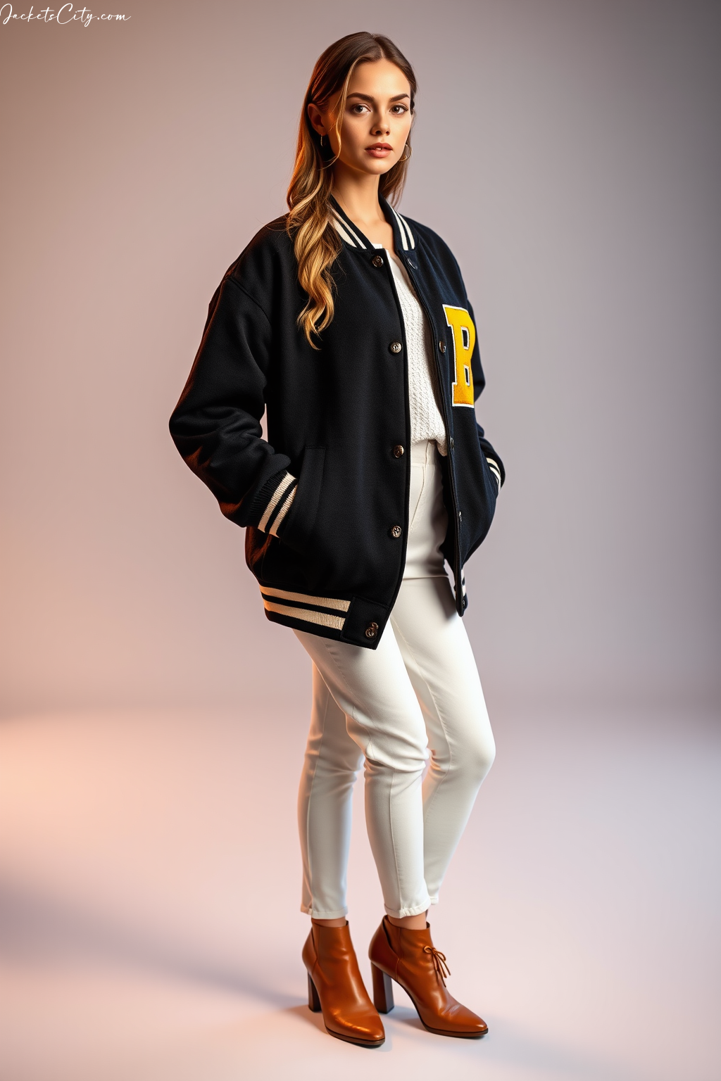 Black Gold Women's Letterman Jacket with Melton Wool - Varsity Style Perfection
