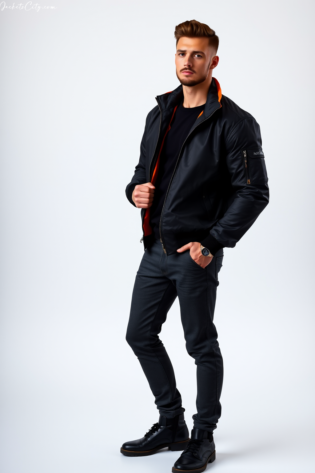 Black Bomber Jacket: Nylon Material with Orange Lining