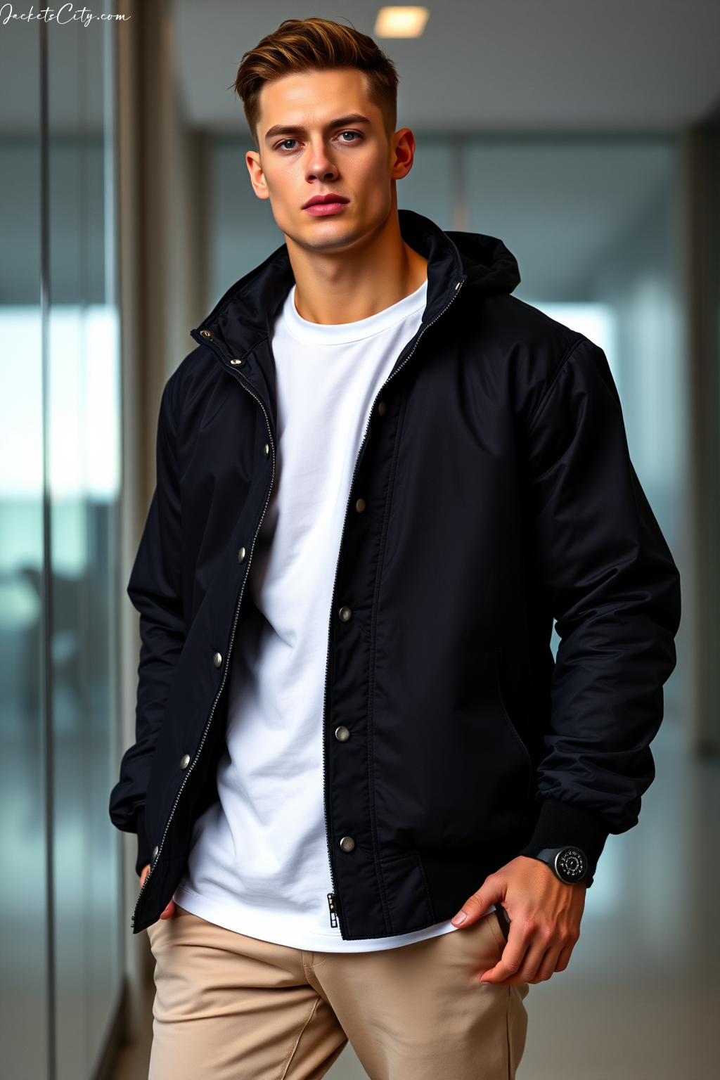 Black Coaches Jacket: Snap Buttons and Nylon Material