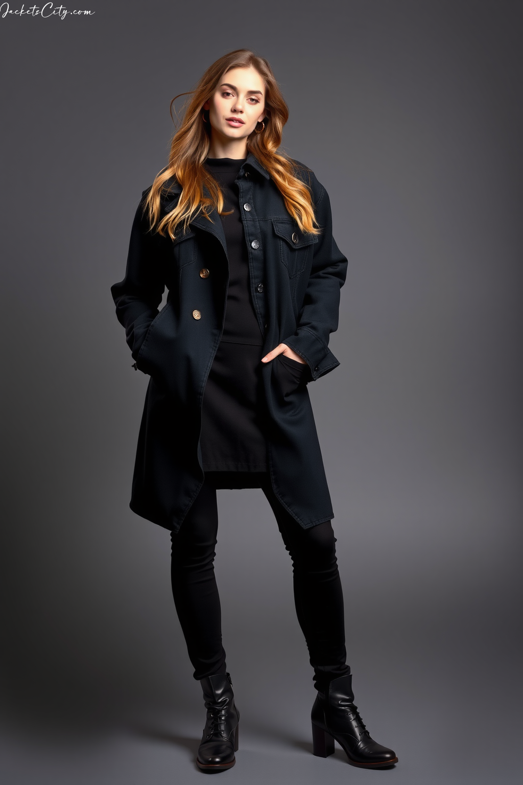 Women’s Style: Black Denim Jacket with Black Coat Layered