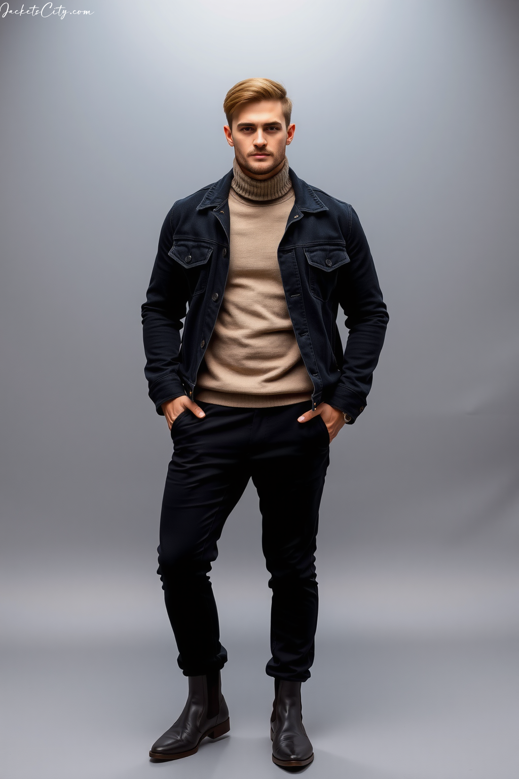 Master the Look: Black Denim Jacket over Turtleneck Sweater
