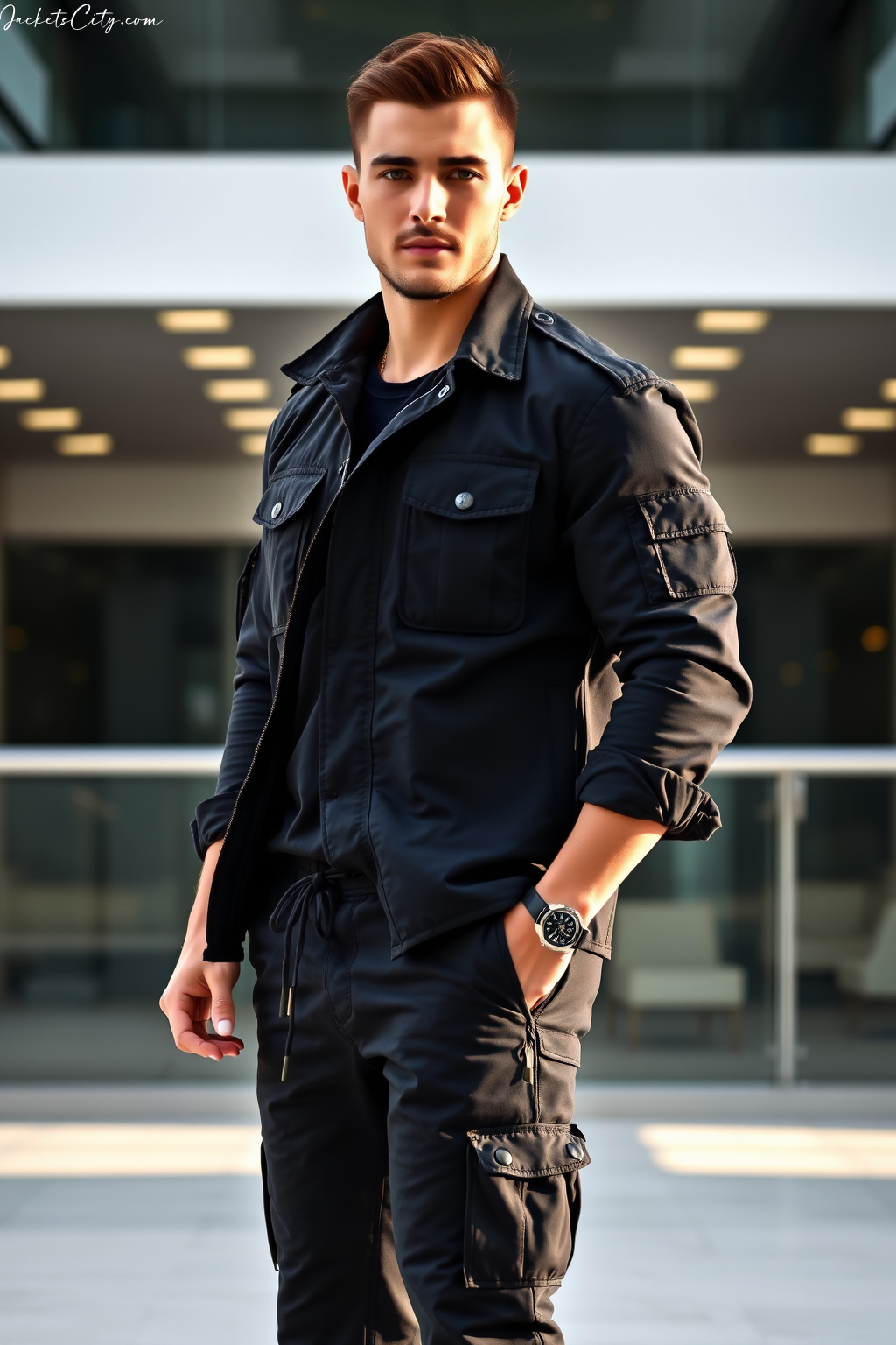 Black Field Jacket: Military Style with Cargo Pockets