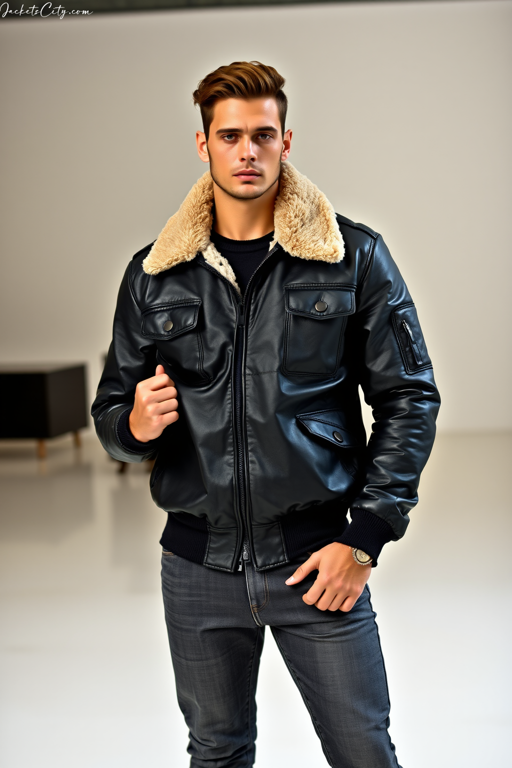 Black Leather Aviator Jacket: Shearling Collar and Multiple Pockets