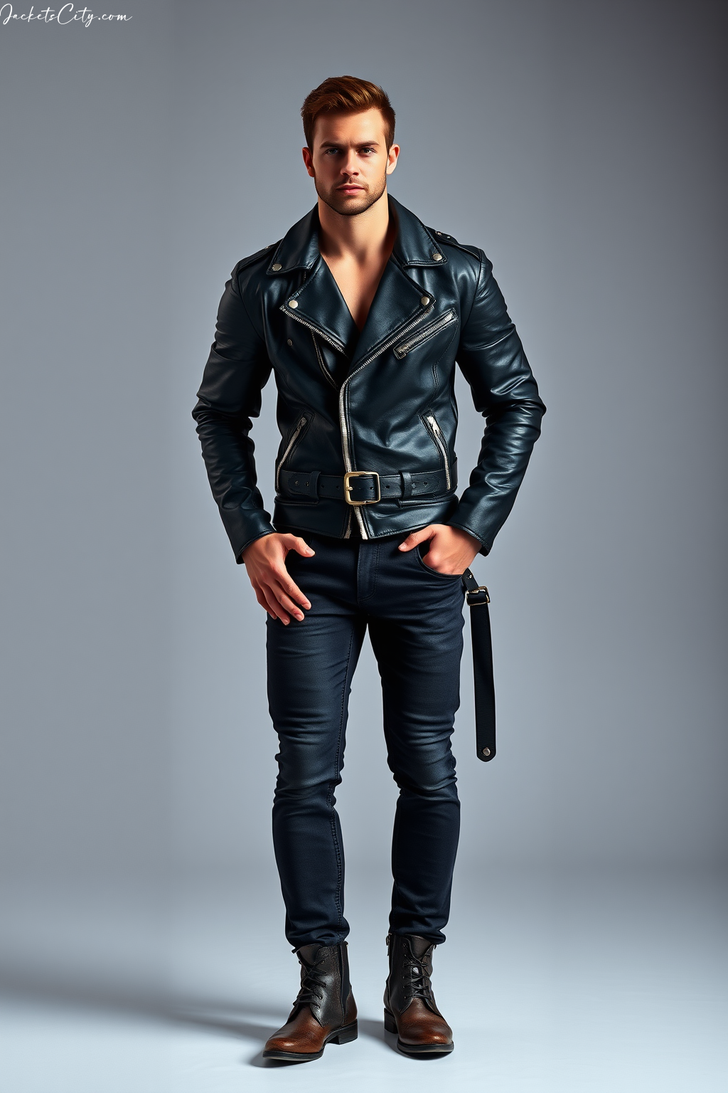 Black Leather Biker Jacket: Belt Buckles and Multiple Zippers