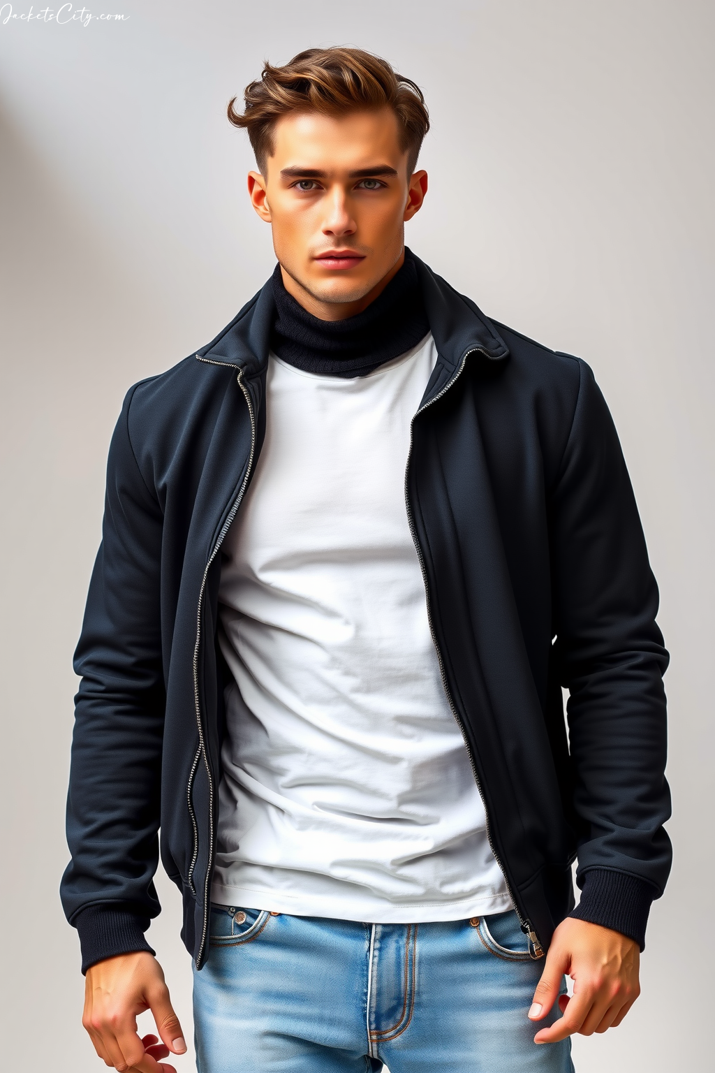 Men's Black Merino Wool Jacket - Modern High Collar Design