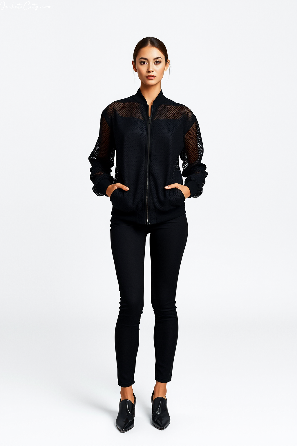 Sporty Transparency: The Black Mesh Bomber Jacket