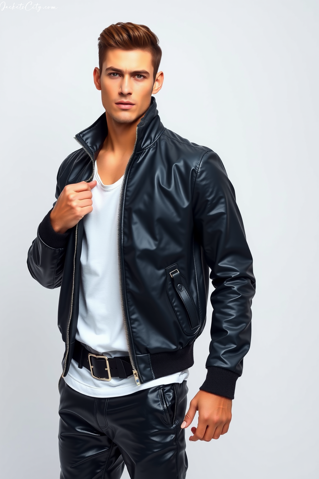 Black Patent Leather Jacket - Contemporary Men's High Collar Jacket