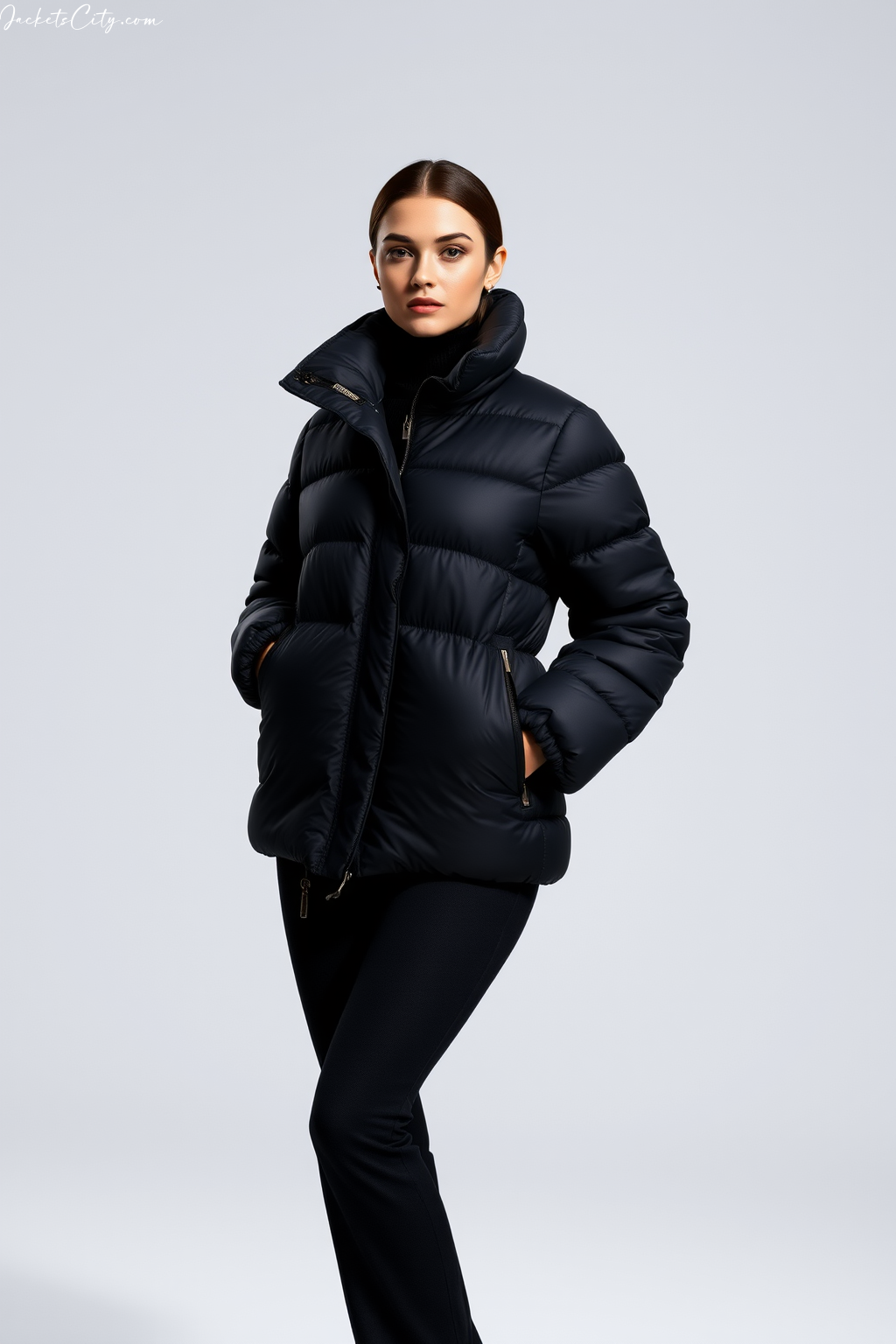 Black Puffer Jacket: Quilted Design with High Collar