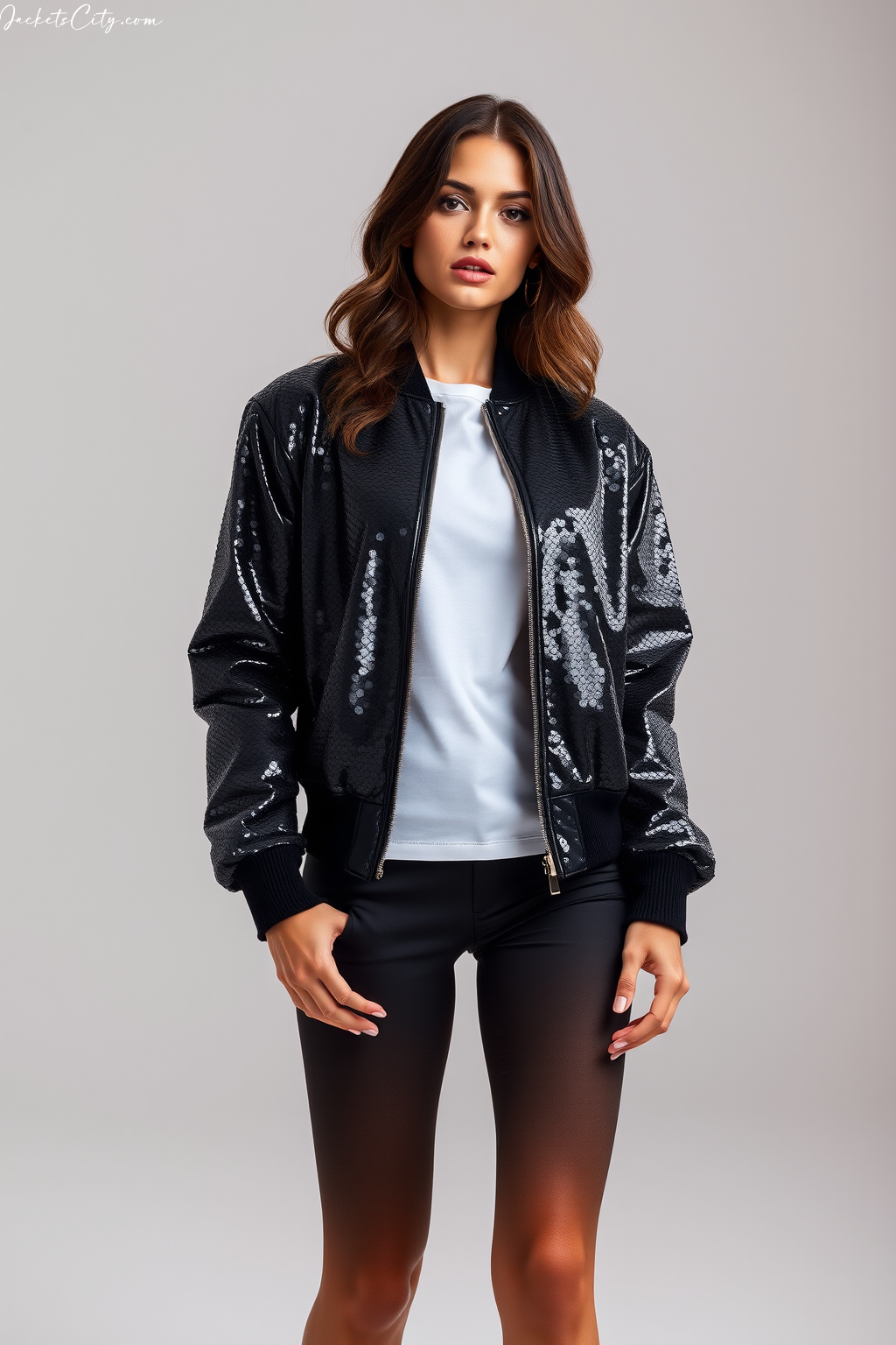 Black Sequin Bomber Jacket