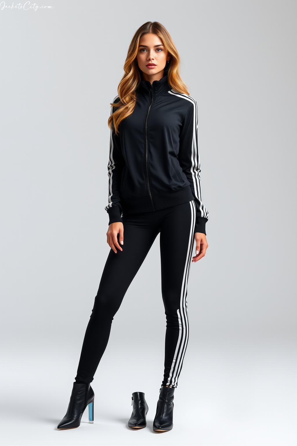 Black Track Jacket: Stripe Details with Zip Front