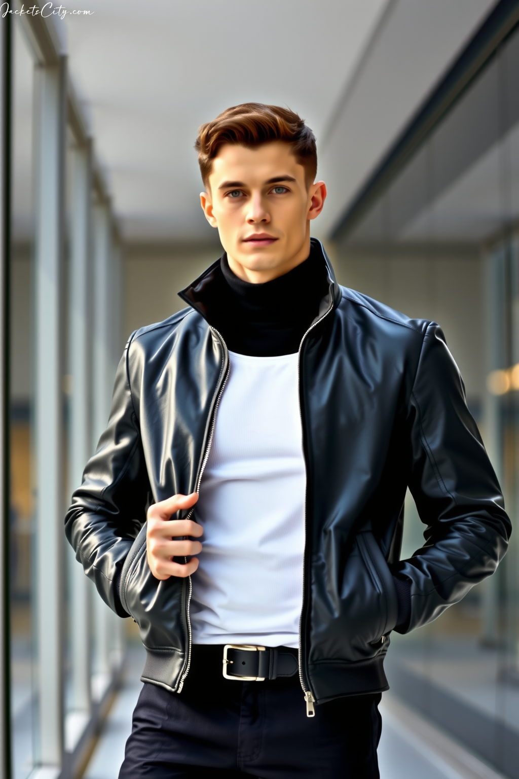 Premium Black Leather Jacket - High Collar Style for Men