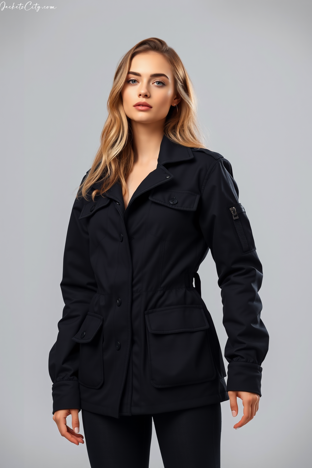 Black Utility Jacket: Multiple Pockets and Adjustable Straps