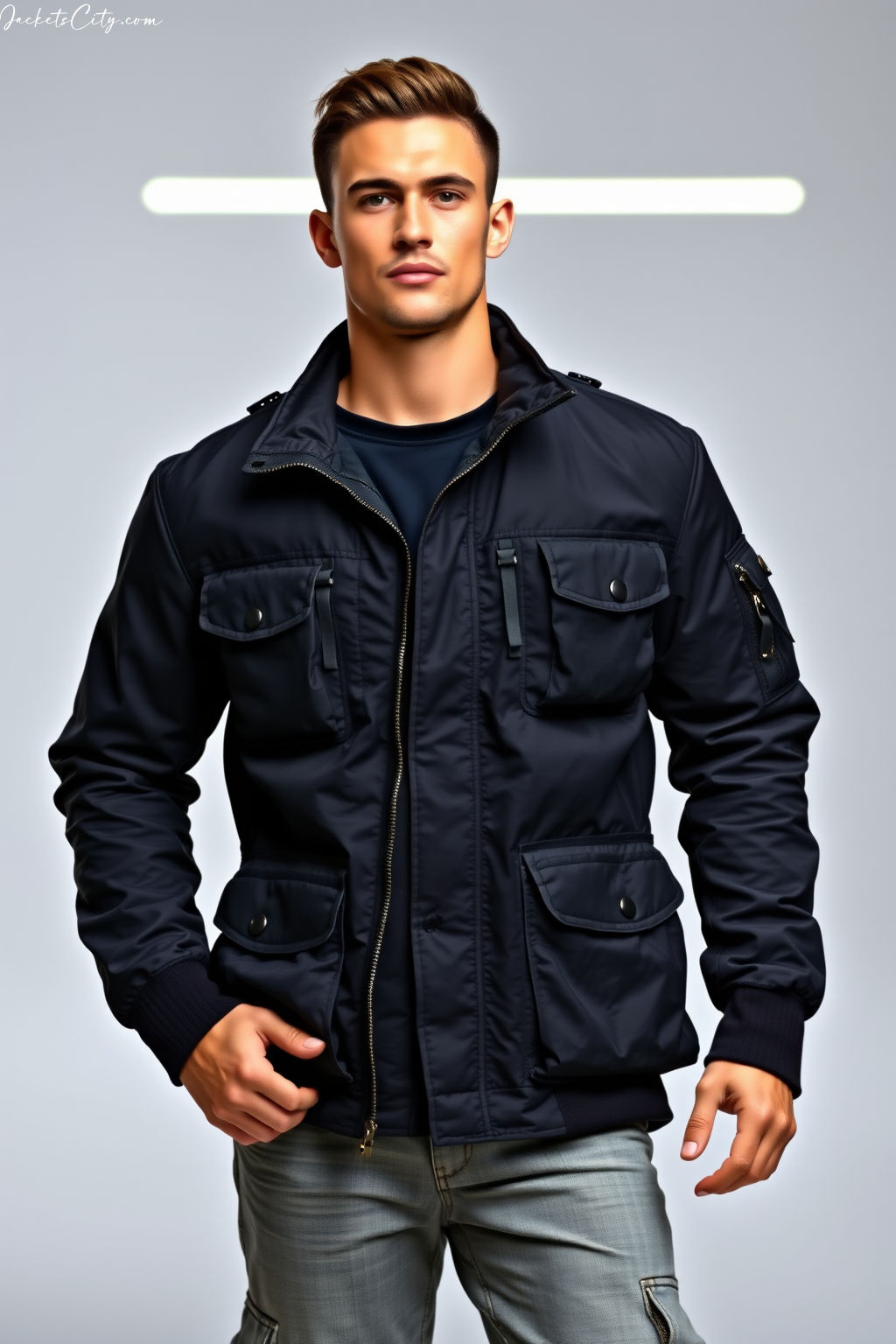 Black Utility Jacket: Multiple Pockets and Adjustable Straps