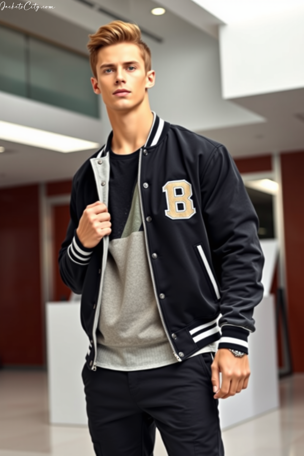 Black Varsity Jacket: Wool Body with Snap Front Closure