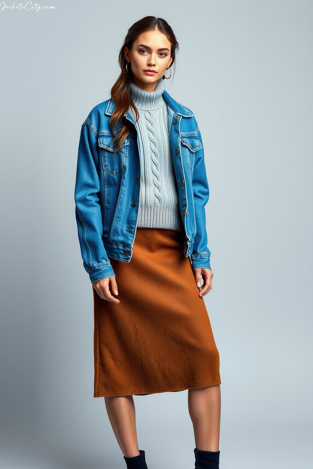 Chic Look: Blue Jean Jacket and Cable Knit Sweater
