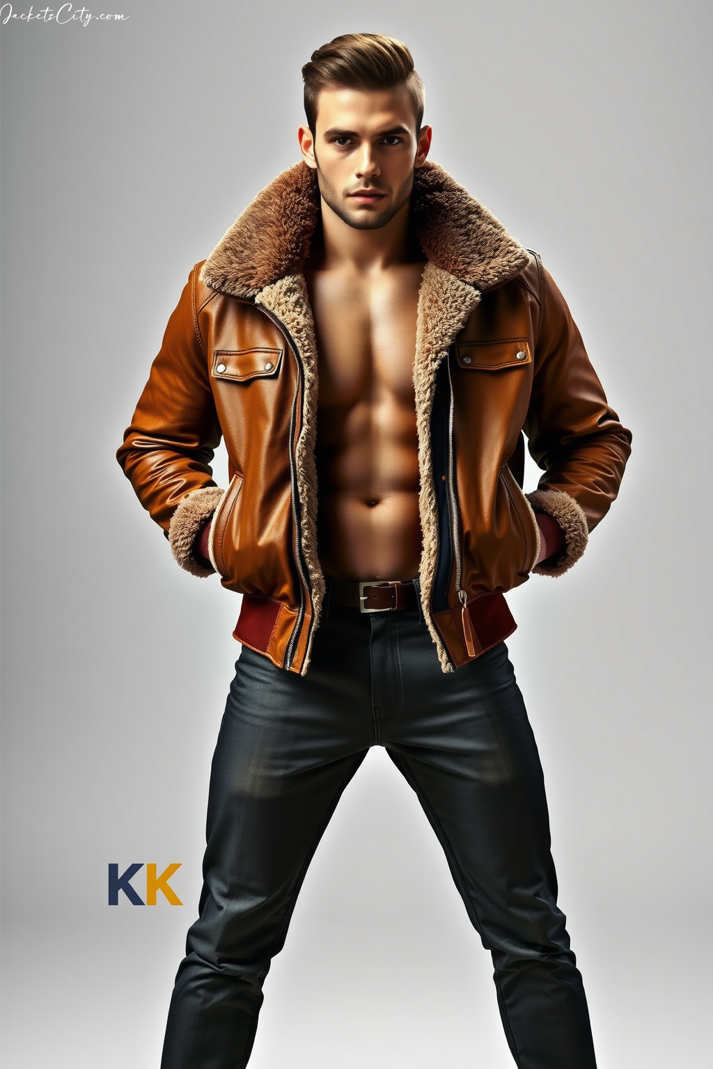 Brown Leather Aviator - Contemporary Men's High Collar Jacket