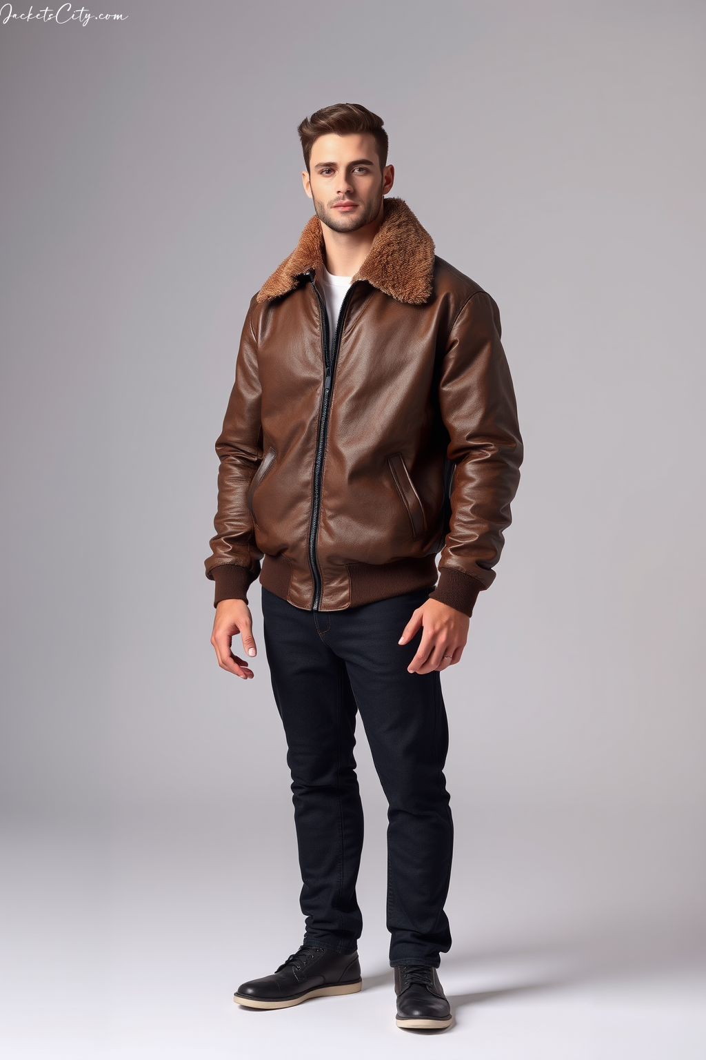 Brown Leather Aviator Bomber Jacket
