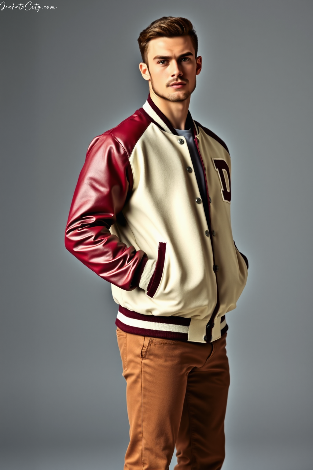 Burgundy and Cream Varsity Jacket with Embroidered Patches