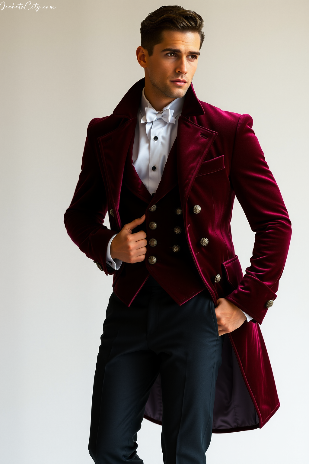Men's Burgundy Velvet Jacket - Modern High Collar Design
