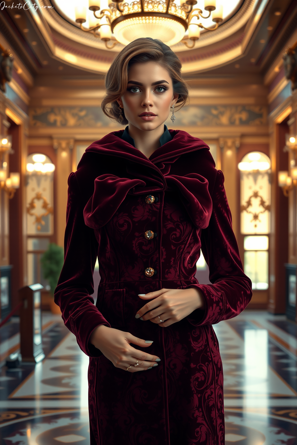Women's Burgundy Velvet Jacket - Premium High Collar Design
