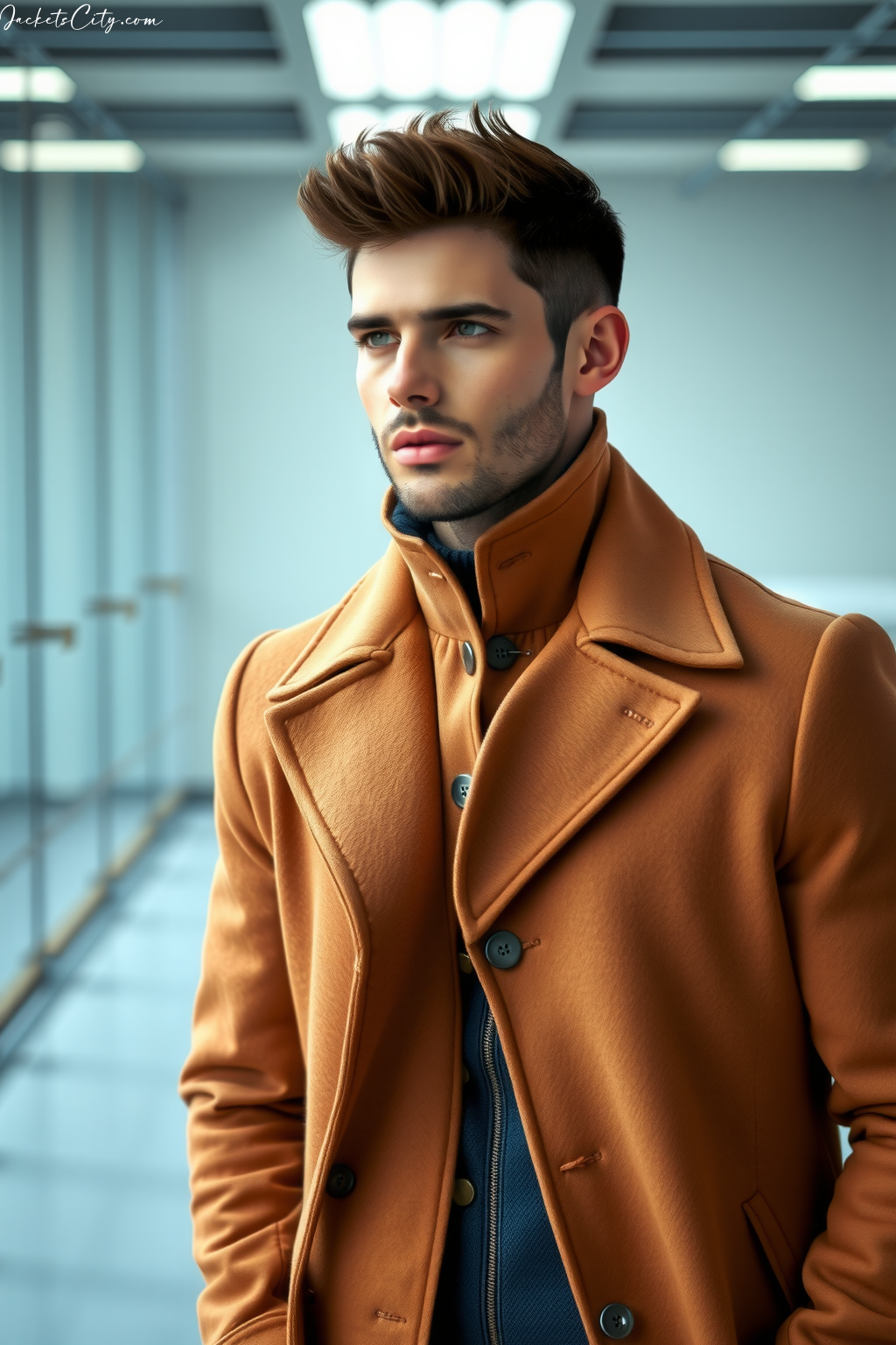 Camel Wool Coat With High Mandarin Collar - Sophisticated Men's Outerwear