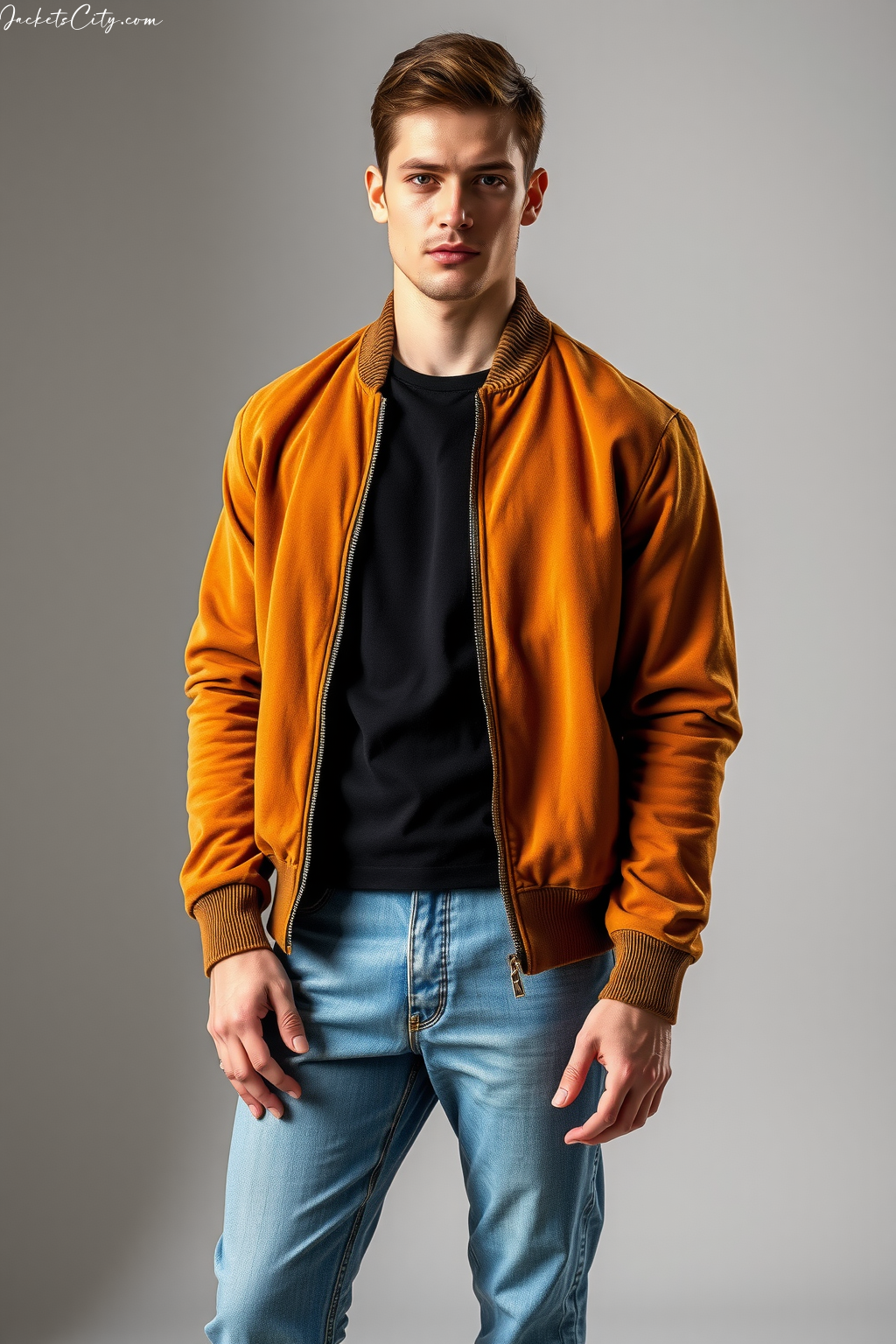 Caramel Brown Suede Bomber - Contemporary Men's High Collar Jacket