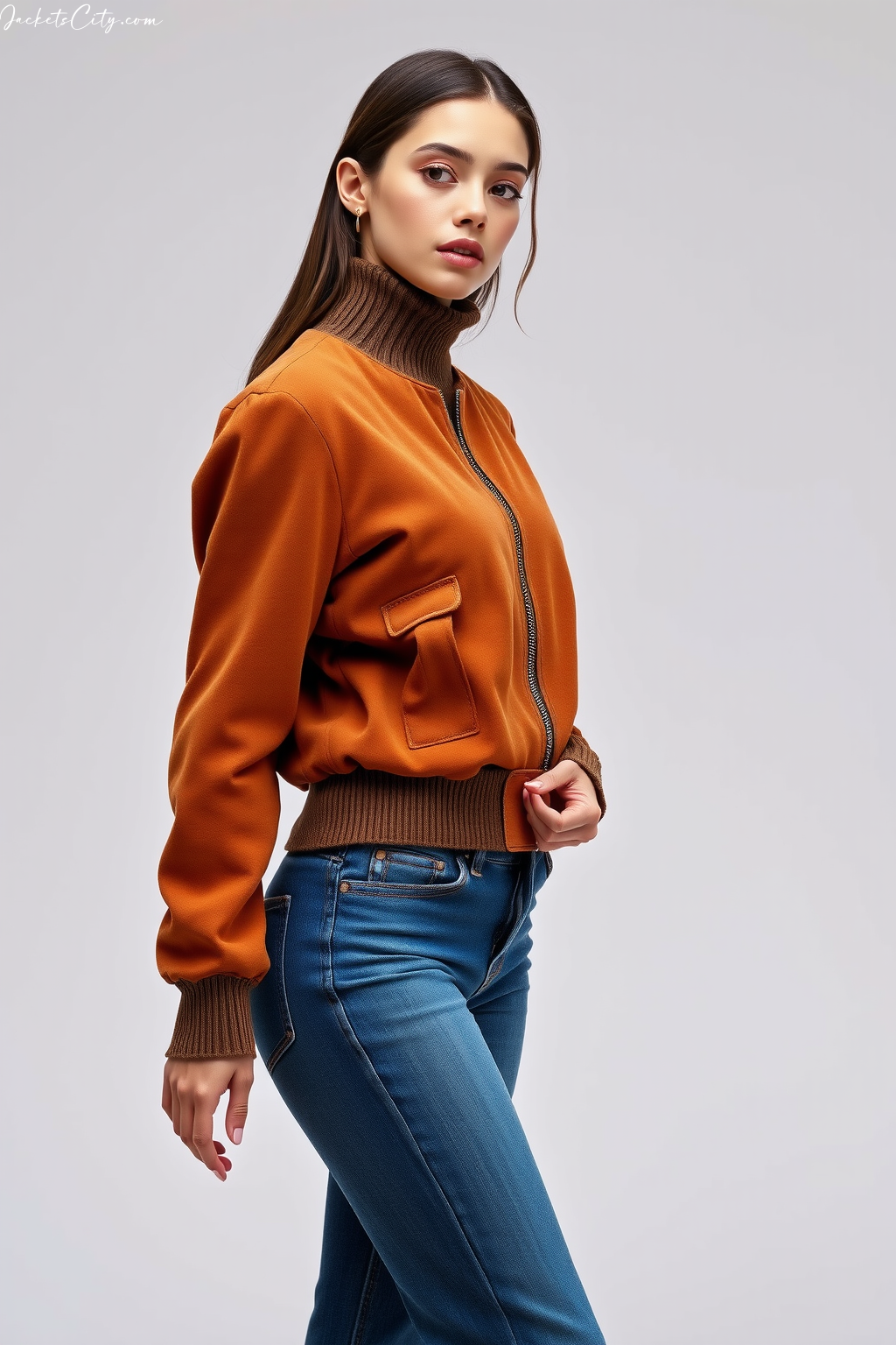 Elegant Caramel Brown Suede Bomber - High Collar Style for Women