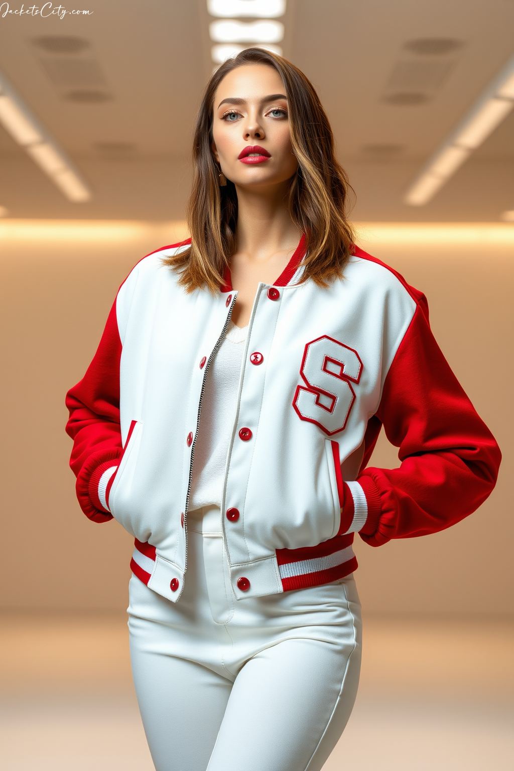 Women's Cardinal Red White Letterman Jacket - Premium Melton Wool