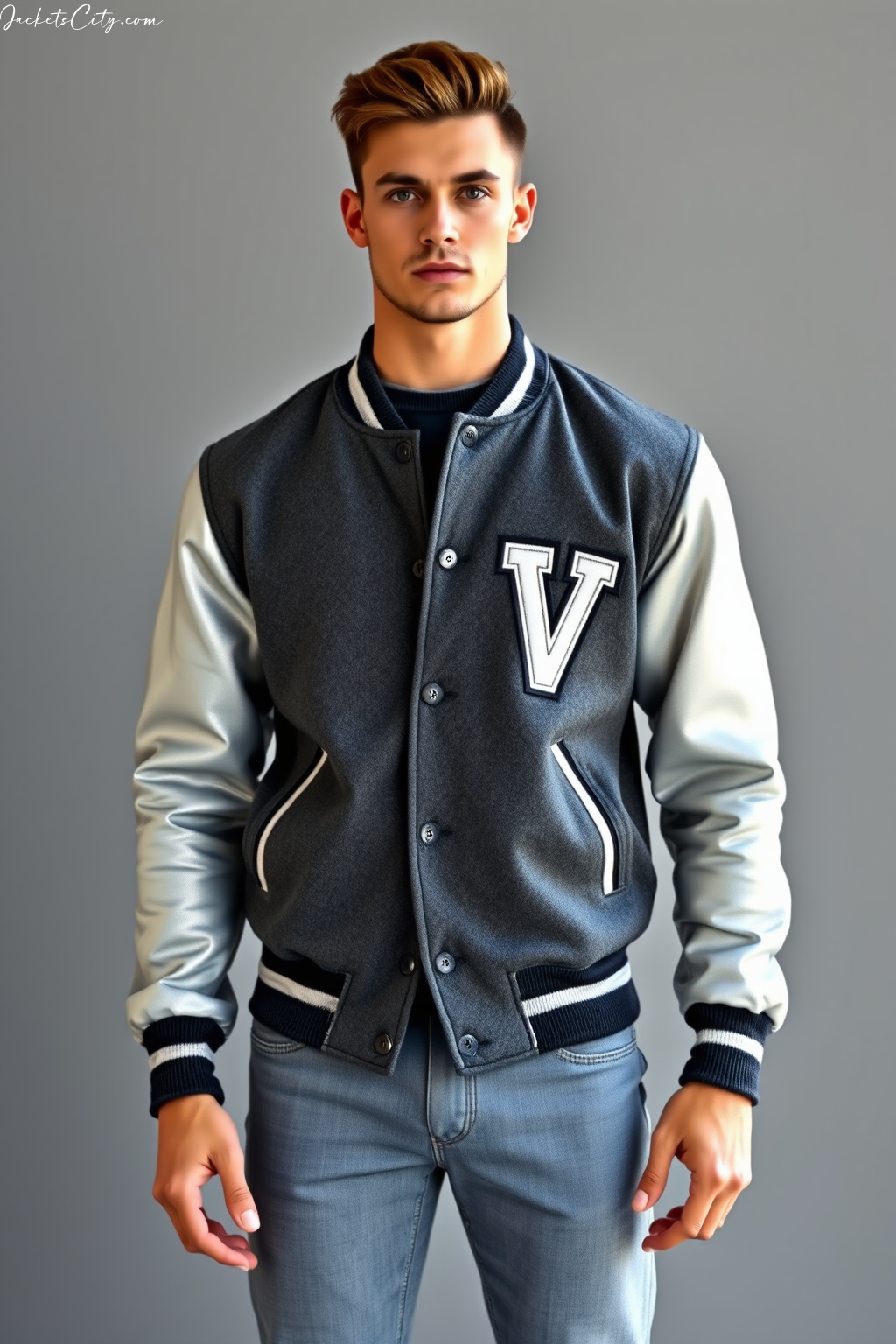 Charcoal Gray Varsity Jacket - Athletic Fit