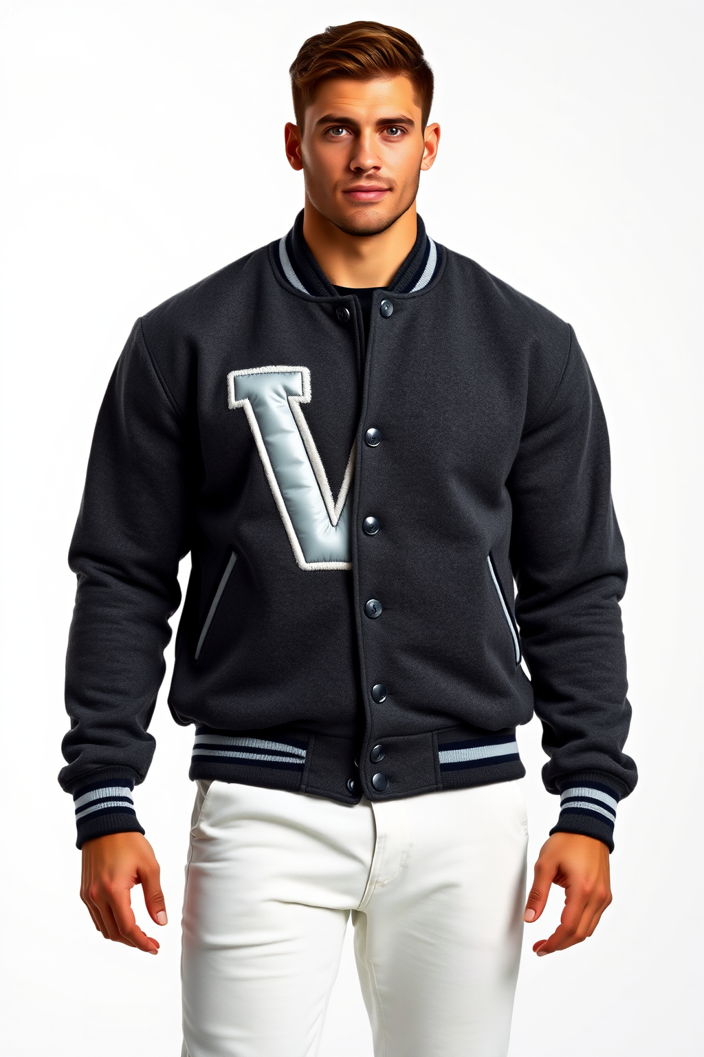 Charcoal Gray and Silver Varsity Jacket with Chenille Patch