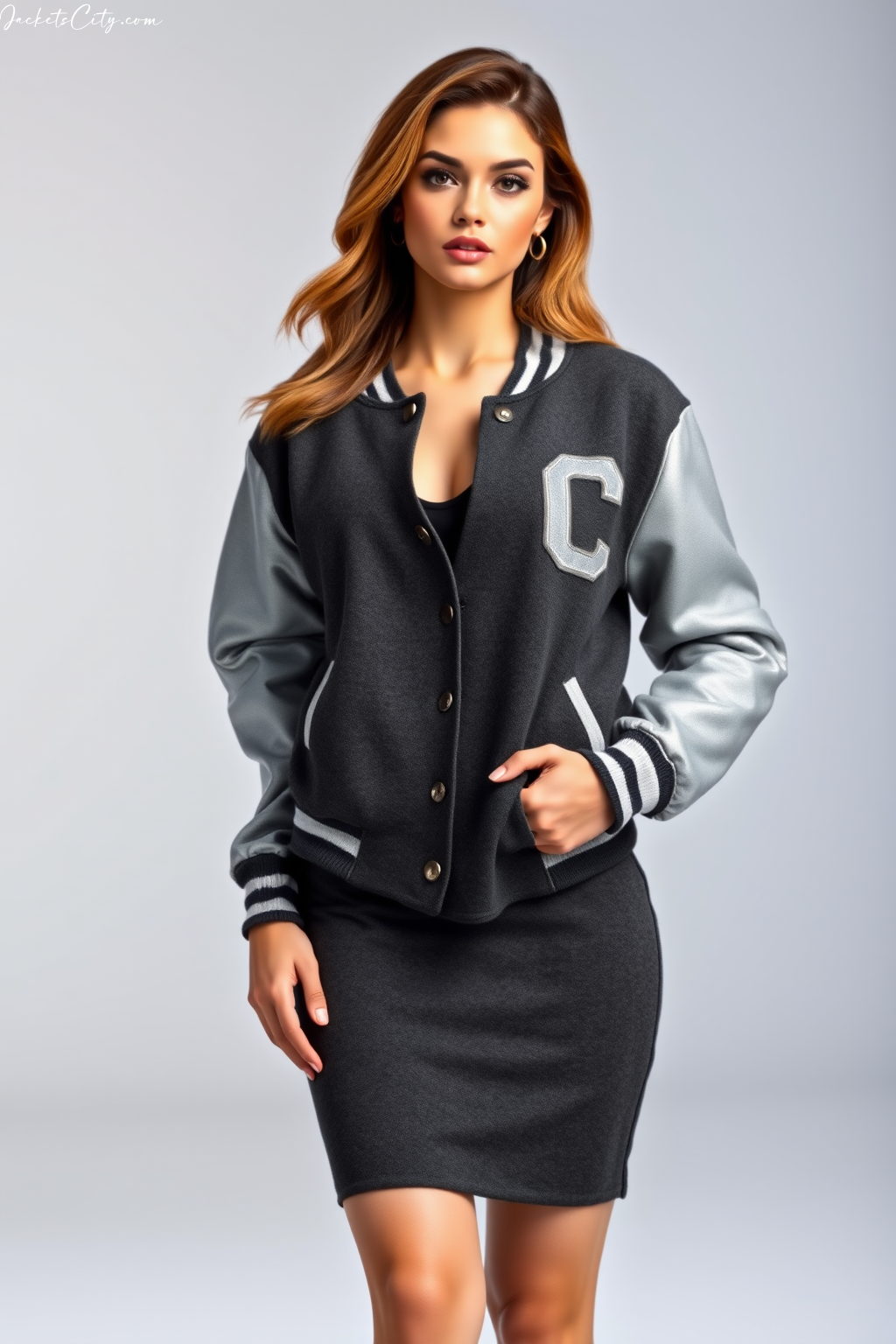 Charcoal Gray Silver Women's Letterman Jacket with Premium Wool - Varsity Style Perfection