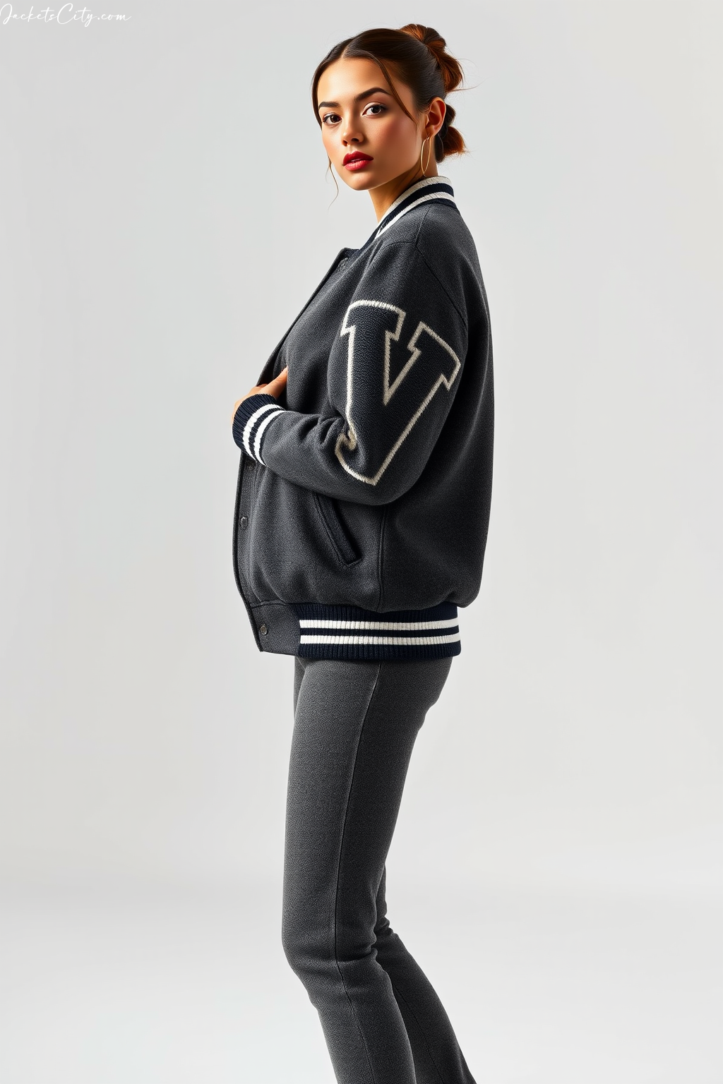 Charcoal Gray Silver Varsity Jacket for Women - Classic Wool Body Style