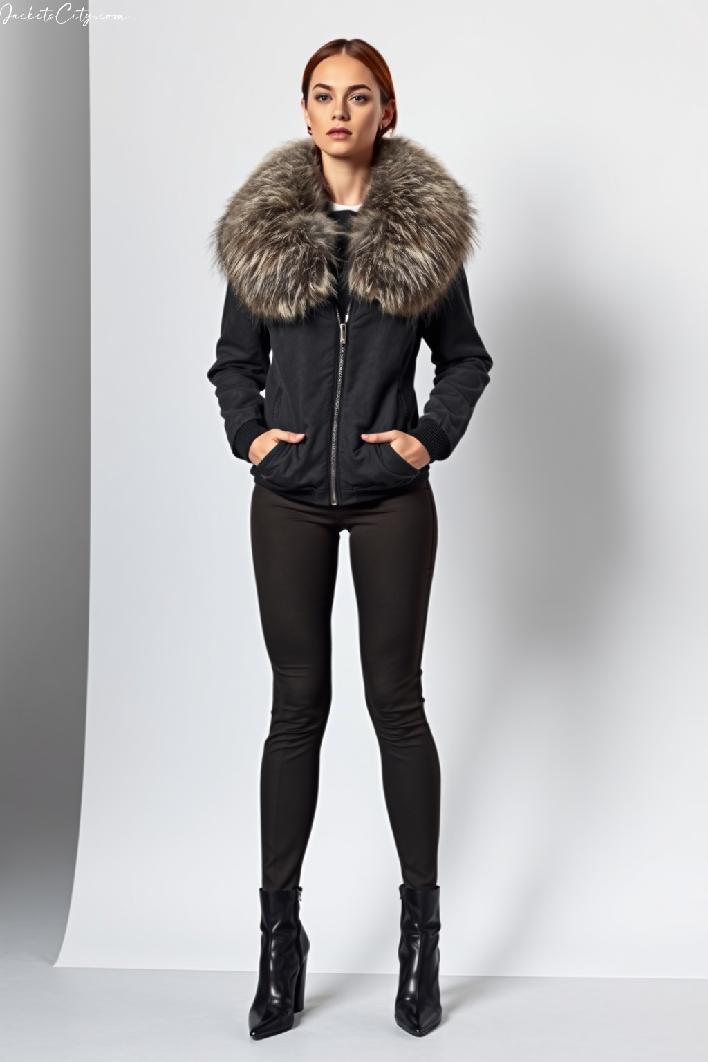 Charcoal Bomber with Fur Collar