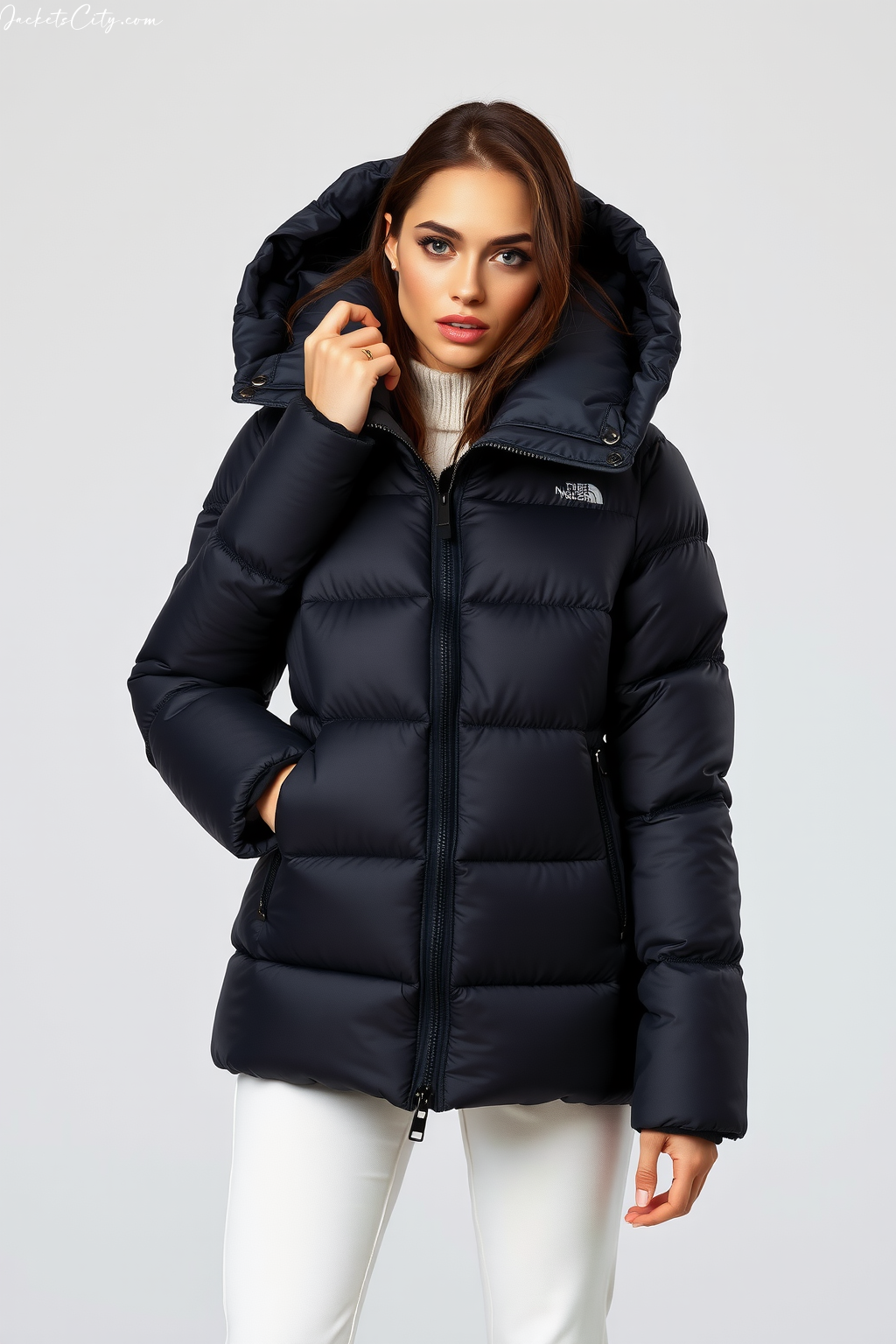 Charcoal Down Puffer - Modern Women's High Collar Jacket