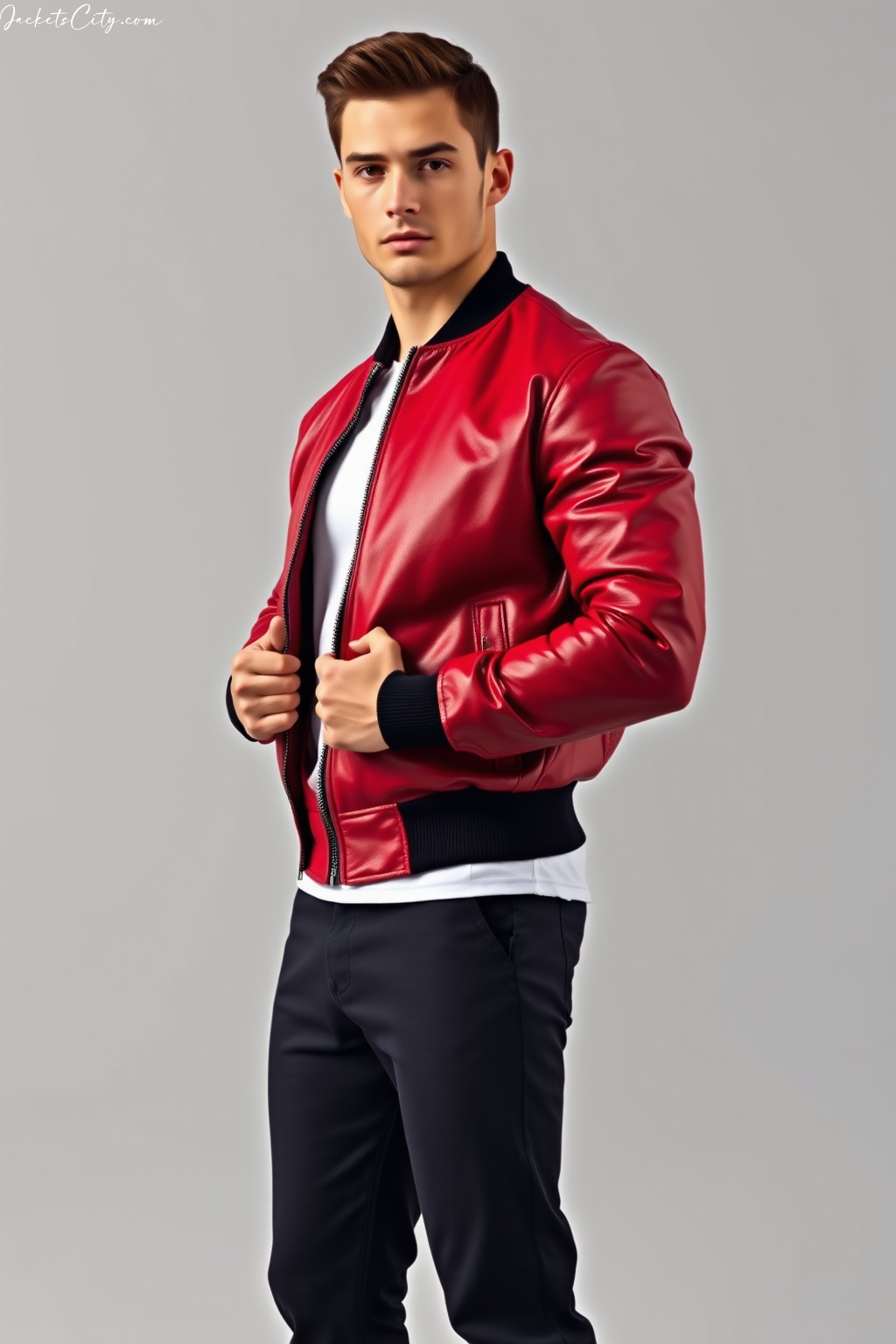 Cherry Red Leather Bomber: Ribbed Cuffs and Zip Front Styling
