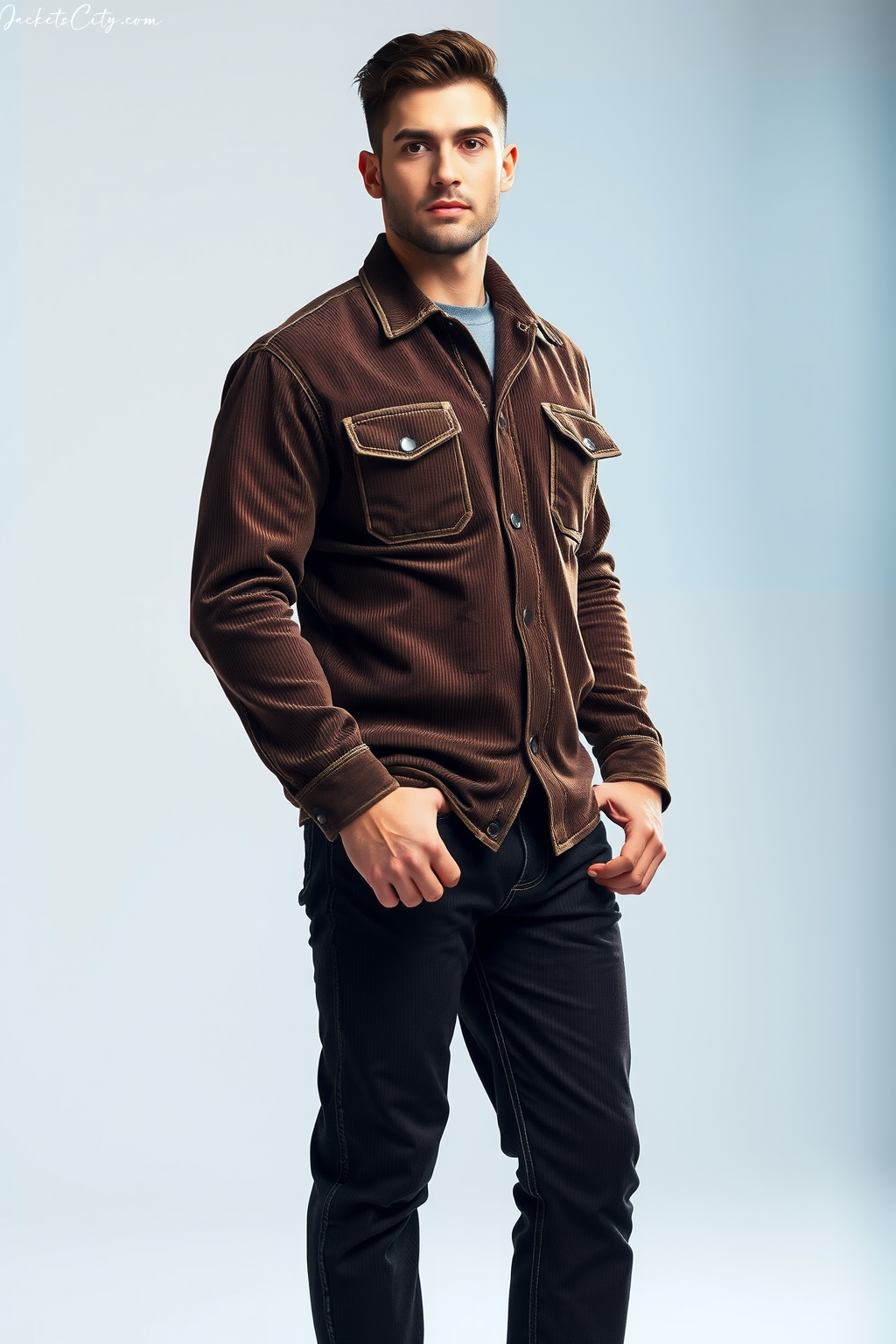 Premium Chocolate Brown Corduroy Trucker - High Collar Style for Men