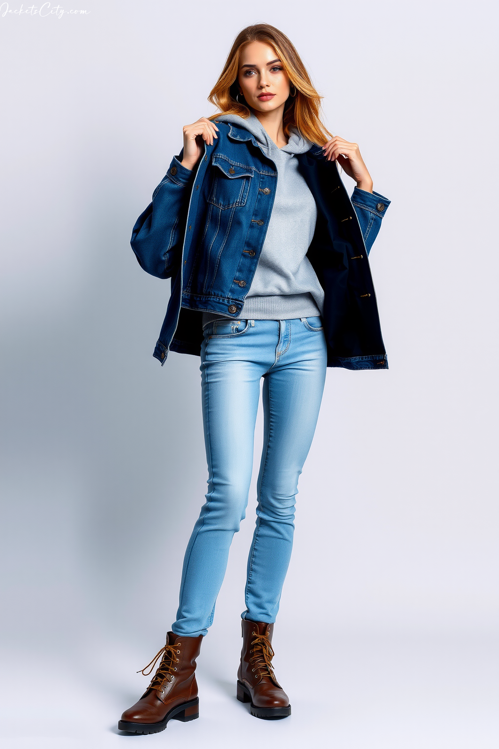 Women’s Style: Classic Blue Denim Jacket with Layered Over Hoodie
