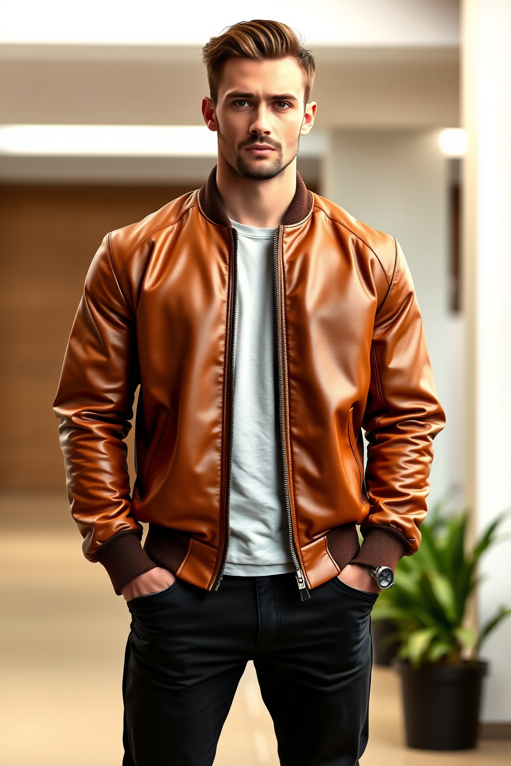 Cognac Leather Bomber Jacket